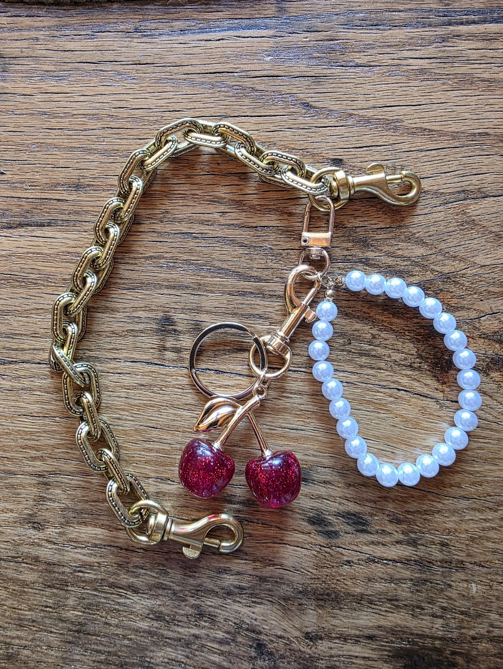 Bundle Of Purse Accessories Gold Chqin Cherry Navy/ White Scarf